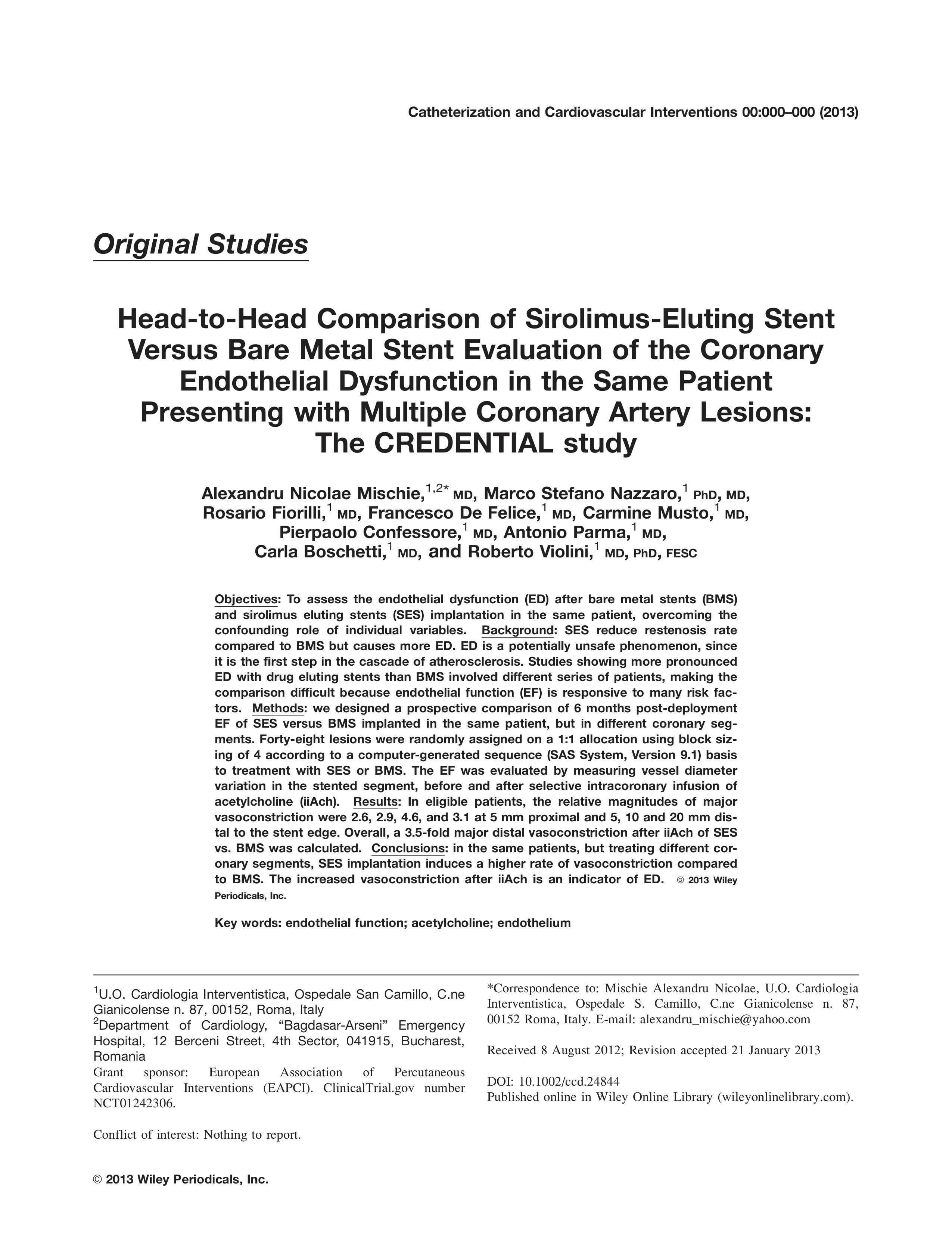 Comparație între stenturile medicate și stenturile nemedicate în evaluarea funcției endoteliale în același pacient cu multiple stenoze coronare: studiul credențial